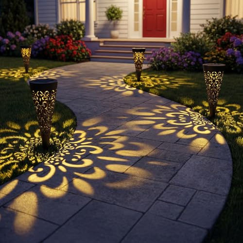 Hoikwo 4 Pack Hollow Out Solar Lights Outdoor Waterproof, Solar Pathway Lights Decorative Solar Garden Lights Landscape Lighting for Yard, Walkway