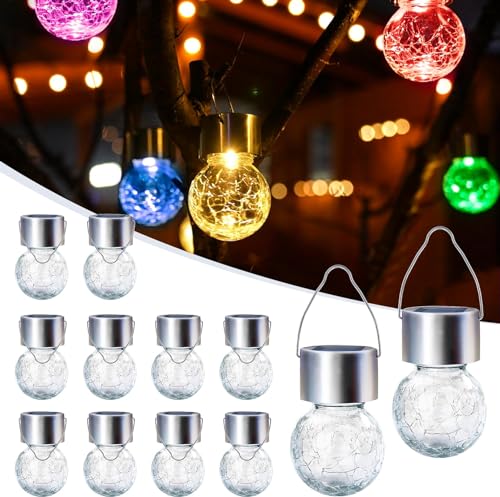GIGALUMI Solar Lights Outdoor Waterproof, 12 Pack Solar Hanging Lights Garden Decor, Gifts for Women, Solar Outdoor Lantern Waterproof Cracked Glass for Yard, Fence, Tree(Color Changing)