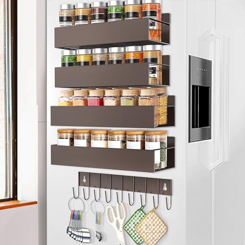 SMRCAD Magnetic Spice Rack Organizer for Fridge Seasoning Organizer for Kitchen storage with Screw Magnetic Shelf with Hook for Refrigerator and Oven (4pack1hook-Bronze)