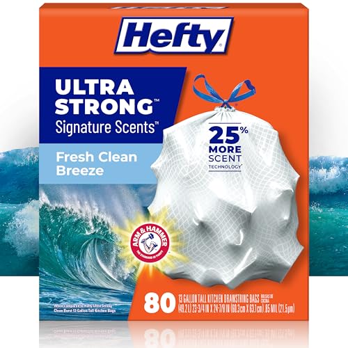 Hefty Ultra Strong Signature Scents 13 Gallon Trash Bags, Fresh Clean Breeze Scent, Tall Kitchen Trash Bags with 25% More Scent Technology, White, 80 Count