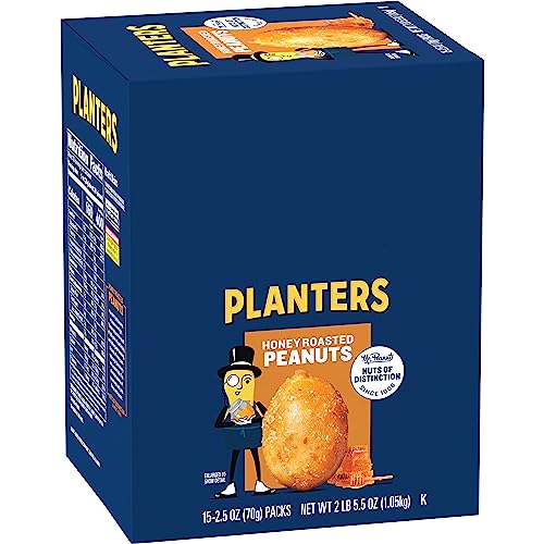 PLANTERS Honey Roasted Peanuts, 2.5 Ounce - 15 Count (Pack of 1) - Roasted with Honey and Sea Salt - Active Lifestyle, Movie and School Snacks - Kosher Peanuts