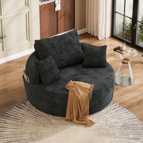 55" Oversized Round Chaise Lounge Chair Indoor, Upholstered Plush Deep Seat Circle Single Cloud Lounge Floor Sofa Chair with 4 Pillows with Side Pocket, Living Room, Bedroom Apartment, Dark Gray