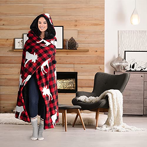 Premium Wearable Hooded Blanket for Adult Women and Men 65"x48" - Super Soft, Lightweight, Microplush, Cozy and Functional Throw Blanket (Red Plaid Moose)