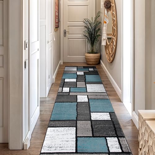Rugshop Modern Geometric Boxes Blue Area Rug, Carpet with Jute Backing for Entryway, Kitchen, or Narrow Hall, 2' x 10'