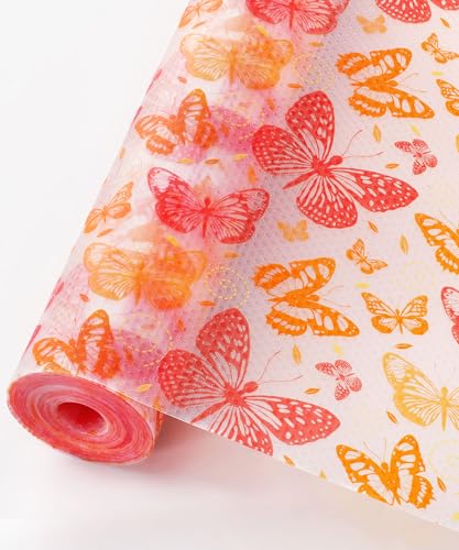 Cooyes Drawer & Shelf Liner for Kitchen Cabinets Non-Adhesive Waterproof Oilproof Reusable Washable Shelf Paper for Refrigerator, Cupboard, Dresser, Easy to Cut (Red Butterfly, 17.7" W x 78.7" L)