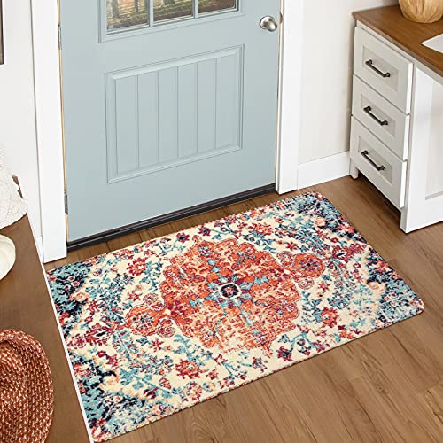 Lahome Reine Bohemian Floral Medallion Area Rug - 2x3 Oriental Distressed Small Bath Rug Country Vintage Doormat Faux Wool Non-Slip Washable Low-Pile Carpet for Bathroom Kitchen Laundry Room Decor