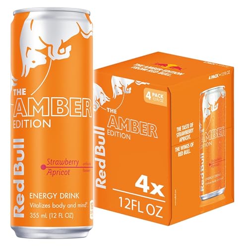 Red Bull Amber Edition Energy Drink, Strawberry Apricot, with 114mg Caffeine plus Taurine & B Vitamins, 12 fl oz, Pack of 4 Cans