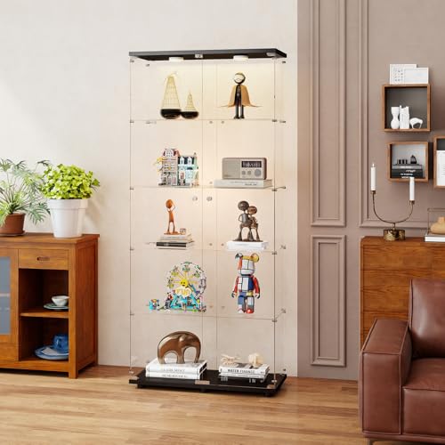 Zevemomo 5-Tier Tempered Glass Display Cabinet with Lights, Curio Cabinet with Glass Doors and Lock, Glass Display Case for Collectibles, for Living Room Bedroom Office, Double Door, Black