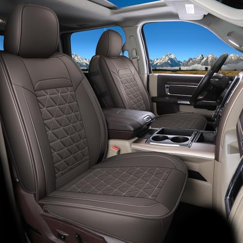 Coverado Dodge Ram Seat Covers Full Set, Waterproof Ram 1500 Seat Cover Compatible with 2002-2025 Dodge RAM 1500 2500 3500 Crew Quad Cab with Curved Bench, Coffee