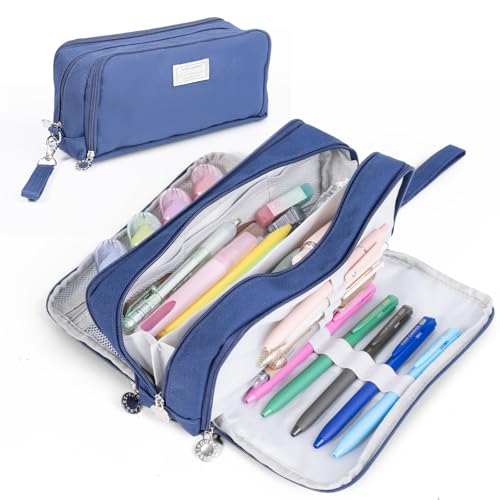 Four Candies Blue Pencil Case 3 Compartment Pouch, Large Pencil Case for School, Girls, Teen Boys, Women, Dark Blue, Removable Handle & Zipper, Cute Pencil Bag for Office, College