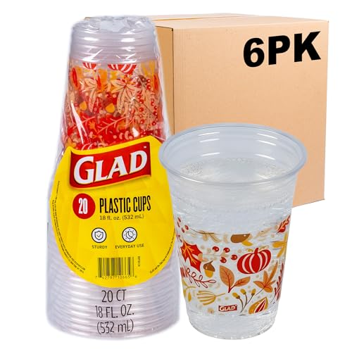 Glad Everyday Clear Plastic Cups with Fall Leaf Print - Sturdy Disposable Drinking Cups for Parties, Picnics, and Everyday Use, Recyclable #5 Plastic, 18 oz, 20 Count - 6 Pack