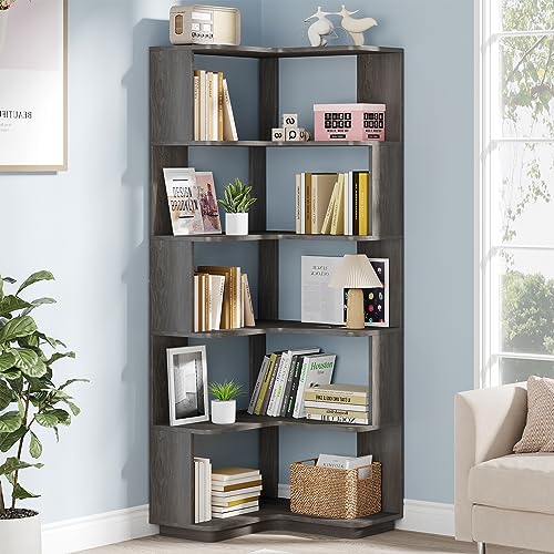 Tribesigns 6-Tier Corner Bookshelf, 64.9 Inches Tall Corner Bookcase with Anti-Drop Panel, Modern Freestanding Shelf Display Rack Storage Organizer for Home Office, Living Room, Grey