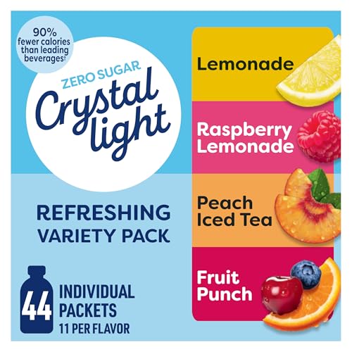 Crystal Light Refreshing Drink Mix Variety Pack, 44 Packets, for Convenient Hydration, Lemonade, Raspberry Lemonade, Peach Iced Tea, Fruit Punch, Natural and Artificial Flavor, Zero Sugar, 4.18 oz