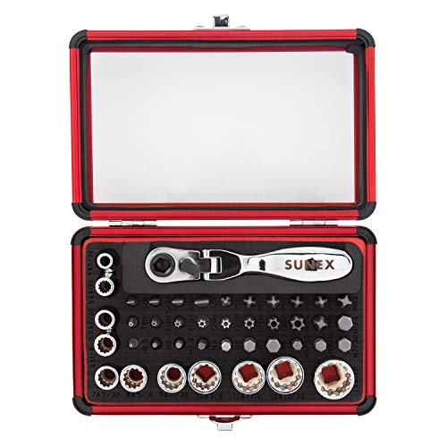 SUNEX TOOLS 9732 44Pc 1/4" Dr Mini Dual Flex Head RATCHET W Socket & Bit Set