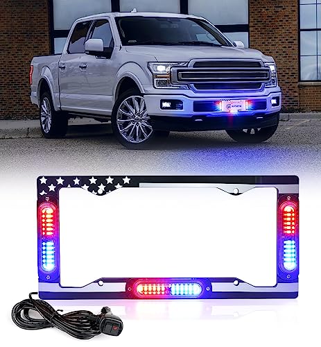 Xprite 36 LED License Plate Strobe Light, US Flag Front/Rear Police Light, 22 Flash Modes Emergency Safety Warning LED License Frame for Police Car Vehicle Truck, Red Blue (w/Pre-Installed 9FT Cable)