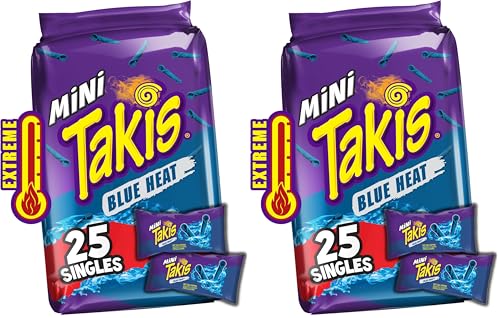 Takis Blue Heat Mini 25 pc / 1.23 oz Bite Size Multipack, Hot Chili Pepper Flavored Extreme Spicy Rolled Tortilla Chips (Pack of 2)