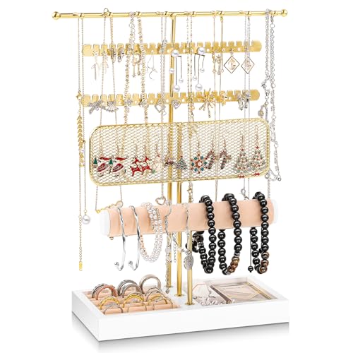 Dntorx 3 Tier Jewelry Stand Holder Organizer, Jewelry Holder Storage Display T Bar Beige Velvet Bracelet Holder Jewelry Tower for Necklace, Earrings, Bracelet, Rings, Watches