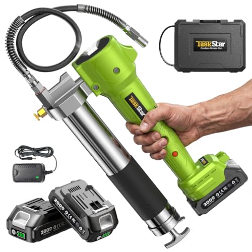 TaskStar Grease Gun with Lock-On Trigger for Effortless Greasing, Cordless Electric Grease Gun Kit, 2 Batteries, 40" Hose & LED Light, 14 oz Capacity for Tractor, Truck & Equipment Maintenance
