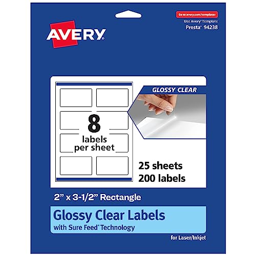Avery Glossy Clear Rectangle Labels, Sure Feed Technology, 2" x 3.5", 200 Glossy Clear Labels, Print-to-The-Edge, Laser/Inkjet Printable