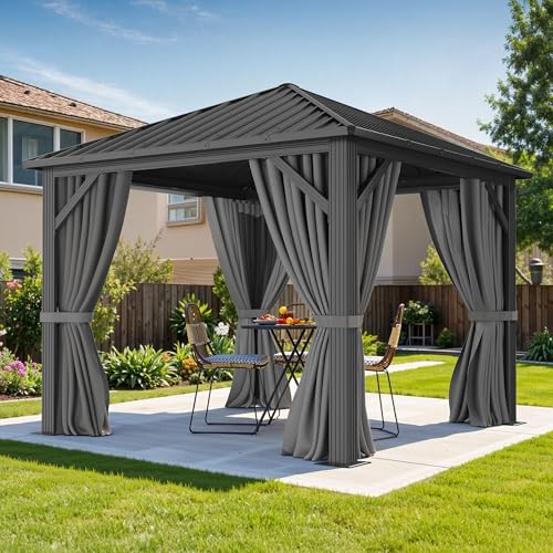 DWVO 10x10ft Hardtop Gazebo with Nettings and Curtains, Heavy Duty Galvanized Steel Outdoor Vertical Stripes Roof for Patio, Backyard, Deck, Lawns, Grey