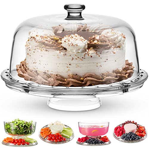 Godinger Cake Stand and Serving Plate Platter with Dome Lid, 6 in 1 Multi-Purpose Use, Crystal Glass Footed Cake Stand, Salad Bowl, Cake Plate, Fruit Platter - Made in Italy