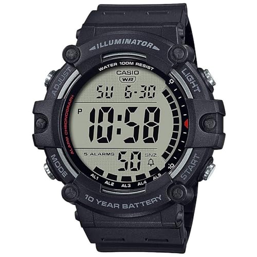 Casio Illuminator Extra Long Strap 10-Year Battery 100 M Water Resistant 5-Alarm w/Countdown Timer Men's Digital Watch, Black, AE-1500WHX-1AVCF