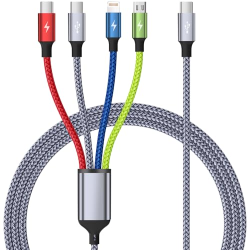 USB C Multi Charging Cable 1Pack 5FT, 4 in 1 Charging Cable Nylon Braided USB-C Multiple Charger Cord with Micro USB,IP Port and 2 Type C Adapter Port for iPhone 17/16 Series/Cell Phones and More