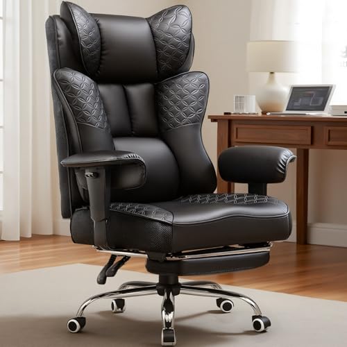 GTPLAYER Big and Tall Office Chair Wide Ergonomic Gaming Chair with Deluxe Embossing Designed Leather with Foot Rest,150°Reclining Adjustable Soft Armrests Pocket Spring Back Support and Pillow