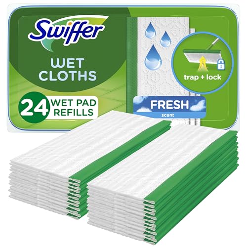 Swiffer Sweep + Mop, Wet Pads Refill, Floor Cleaner for Dirt, Dust, Hair, Cleaning Cloths for Mopping Home, Bathroom, Kitchen, All Purpose Multi-Surface Floor Wipes, Fresh, 24ct