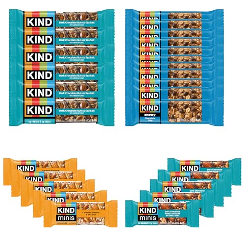 KIND Bar Variety Pack, (6) Dark Chocolate Nuts & Sea Salt, (5) Caramel Almond Sea Salt Mini, (5) Dark Chocolate Nuts & Sea Salt Mini, (10) Chewy Chocolate Chip