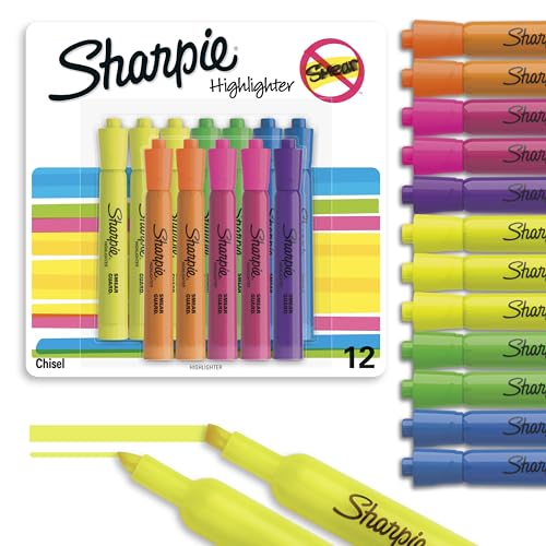 Sharpie Tank Highlighters, Chisel Tip, Assorted Fluorescent, Six Assorted Colors, 12 Count - Back to School, Office, Teacher Supplies
