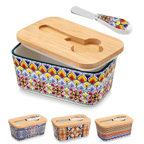 vancasso SIMI Butter Dish with Lid, 6.5" Large Butter Dish for Countertop, Bohemian Ceramic Butter Keeper Container with Knife and Bamboo Lid, Butter Holder for Counter, Golden Bloom