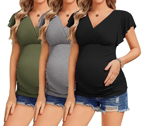 Ekouaer Maternity Shirts 3 Packs Flying Short Sleeve Pregnancy Tee Top Side Ruched Nursing Clothes Army Green/Grey/Black S