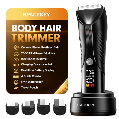 Spacekey Electric Body Hair Trimmer - IPX7 Waterproof Ball Trimmer for Men with LED Light, Wet/Dry Groomer, USB-C Rechargeable, Travel Bag Included - Men's Pubic, Groin and Body Shave
