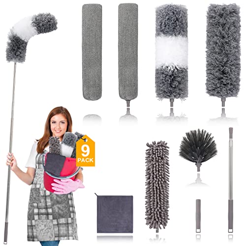 DEEHYO Microfiber Duster for Cleaning Fan, High Ceiling, Blinds, Furniture, Cars , 9PCS Extendable Feather Duster (Stainless Steel) 30 to 100 Inches, Reusable Bendable Washable