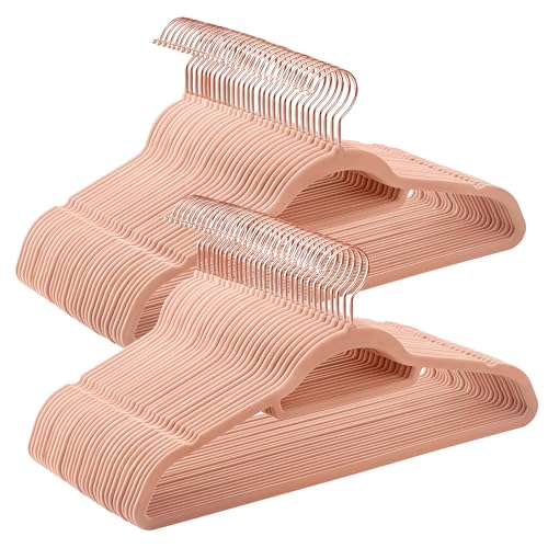 SONGMICS Velvet Hangers, Set of 60 Clothes Hanger with Rose Gold Swivel Hook, Non-Slip, and Space-Saving, 0.2-Inch Thick, 17.1-Inch Long for Coat, Shirt, Dress, Pants, Tie, Coral Pink UCRF0021R01