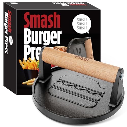 Pisol Smash Burger Press, Pre-Seasoned Cast Iron Hamburger Smasher, 2 lb Heavy-Duty Grill Bacon Meat Press Tool with Wood Handle, 6.6”