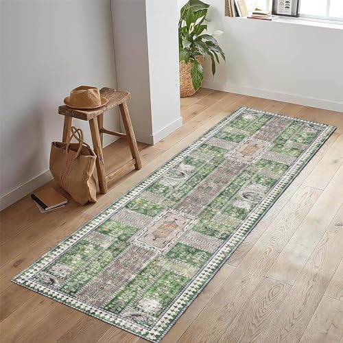 YARNSCAPE Vintage 2'6'' x 8' Washable Area Rug - Stylish Indoor Rug for Living, Dining or Bedroom - Lightweight Carpet with Non-Slip Backing - Foldable for Easy Placement and Maintenance - Green
