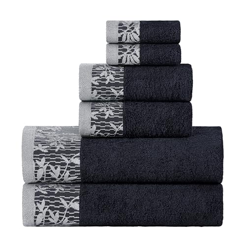 Superior 6 Piece Cotton Towel Set, Floral Jacquard Dobby Border, Quick Dry, Decorative Bathroom, Shower, Bath, Includes 2 Body, 2 Hand, 2 Face Towels/Washcloths, Wisteria Collection, Black