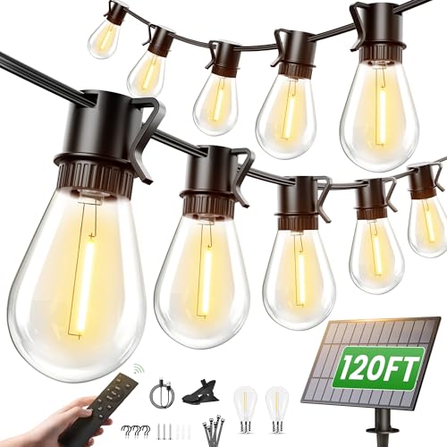 Torkase Solar String Lights Outdoor, 120FT 30+2 Shatterproof S14 LED Bulbs, Waterproof, USB Rechargeable, 2200K Warm White, Energy-Saving Hanging Patio Lights for Garden, Porch, Bistro, Deck, Market