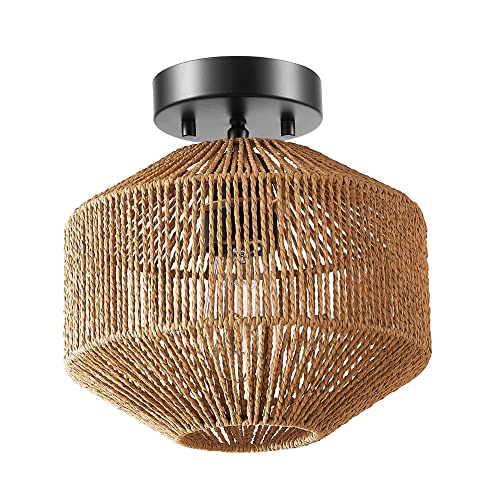 Globe Electric 65902 1-Light Flush Mount Ceiling Light, Matte Black, Paper Twine Shade