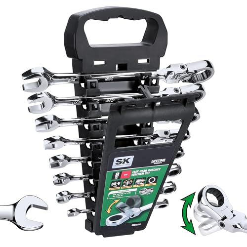 SK Flex-Head Ratcheting Wrench Set, Combination Wrench Set, 8-Piece, SAE 5/16" to 3/4", 72-Tooth, Premium CR-V Construction, with Rack Organizer