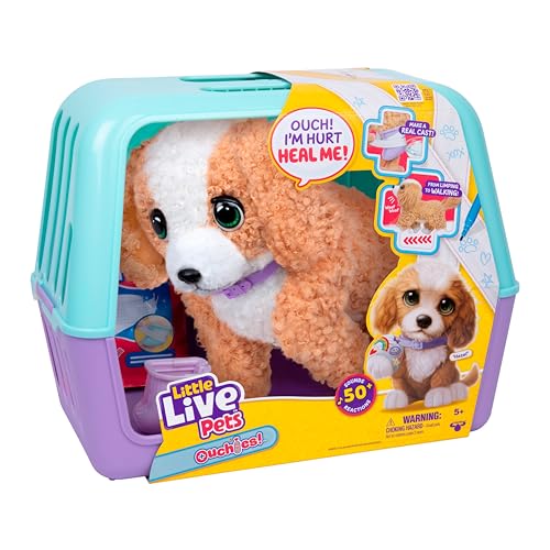 Little Live Pets Ouchies Amazon Exclusive Hazel The Poodle Plush, 50+ Sounds, Limping to Walking Puppy Toy Stuffed Animal & Carrier, Interactive Toy Dog for Kids 5+