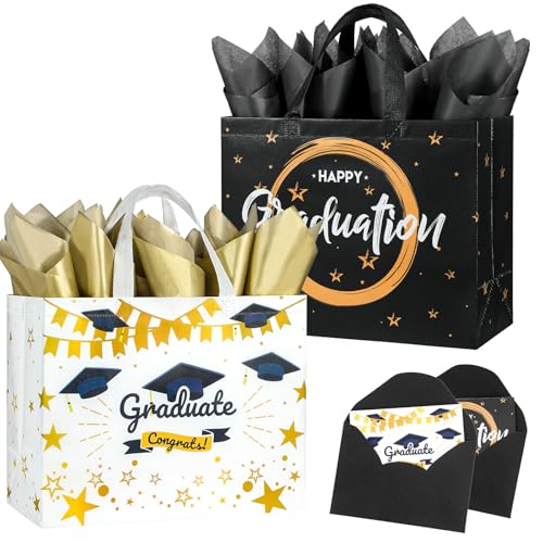 STYPOP 2 Pack 13" Large Graduation Gift Bags with Tissue Paper, Reusable Non-Woven Grad Bags with Handles, Best Graduation Gifts Class of 2026 College/High School / 8th Grade, 12.8"*10.2"*6.3"