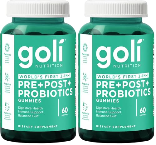 Goli Pre Pro Postbiotic Gummies - Worlds First 3-in-1 Formula with DE111 Probiotics, XOS Prebiotics, MCC1849 Postbiotics - Vegan, Non-GMO, Gluten-Free, 60 Count (Pack of 2)