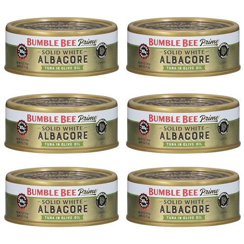 Bumble Bee Prime Solid White Albacore Tuna in Olive Oil, 5 oz Easy Open Can - Premium Wild Caught Tuna - 30g Protein per Serving - Non-GMO Project Verified, Gluten Free, Kosher (Pack of 6)