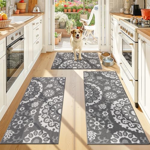 Yamaziot Washable Kitchen Rug Sets of 3, Non Slip Kitchen Mats for Floor, High-Low Textured Kitchen Runner Absorbent Stain Resistant Floor Carpet for Hallway, Laundry, Sink (Grey, 2x3+2x4+2x5ft)