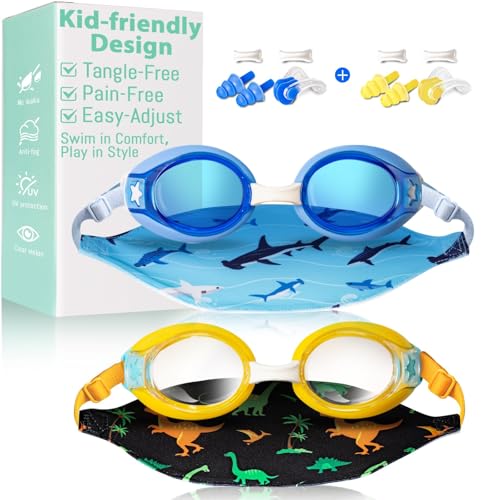 Pixel Panda 2 Pack Kids Swim Goggles with Fabric Strap for 3-12 Anti-Fog Anti-UV, No Leak No Hair Pulling Swimming Goggles Boys Girls Youth Toddlers Pool Water Protection(Blue and Yellow)