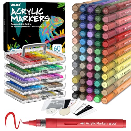 WUO 60 Colors Acrylic Paint Markers, Acrylic Paint Pens and Acrylic Markers with Brush Tip, Automatic Ink Control No-Bleed Paint Markers for Rock, Wood, Canvas, Glass, Ceramic, Fabric