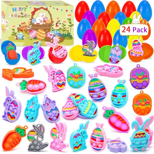 CHILDGO Easter Pop Fidget Toys for Kids, 24 Pack Filled Easter Eggs with Mini Fidget Pop keychain Toys,Idea for Easter Egg Hunt Toys, Basket Stuffers&Party Favors